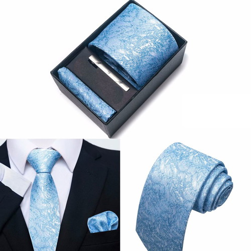 Gift set Tie, Pocket square and Tie clip lacelike blue new
