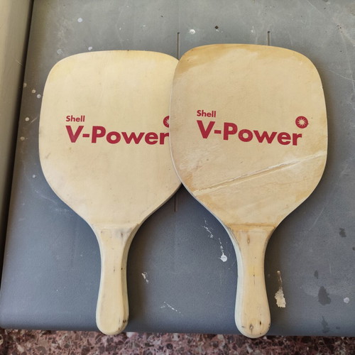 Shell V-Power wooden beach rackets, vintage collectible set