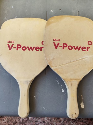 Shell V-Power wooden beach rackets, vintage collectible set