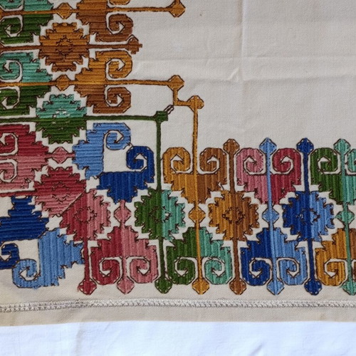 Handmade table runner used, traditional colorful geometric embroidery