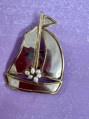 Silver ship brooch new with baroque pearls
