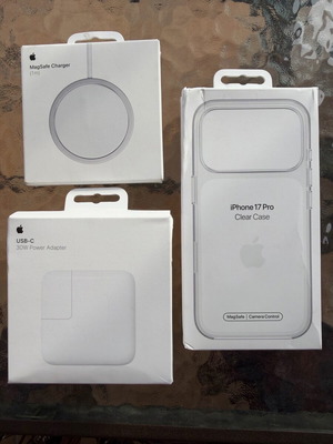 Apple accessories 30W charger, 17 Pro case, 25W MagSafe charging base new