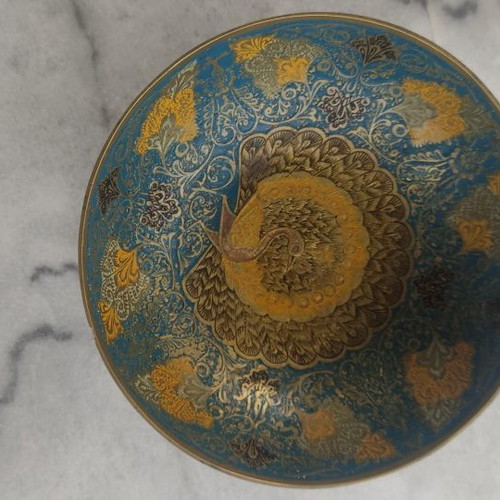 Bronze handmade decorative bowl used from India with peacock design
