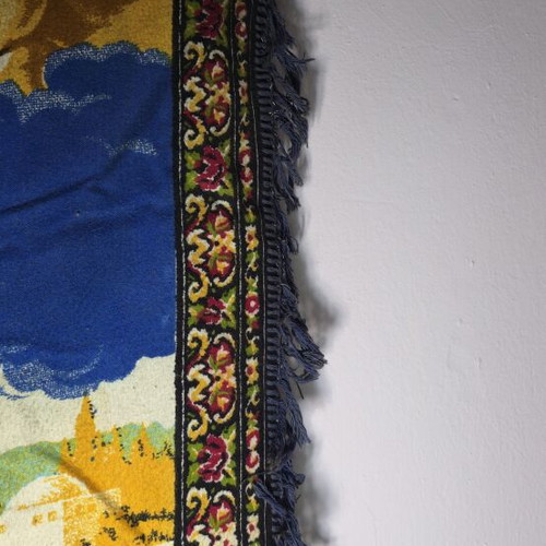 Vintage woven wall tapestry depicting Jesus with angels, like new