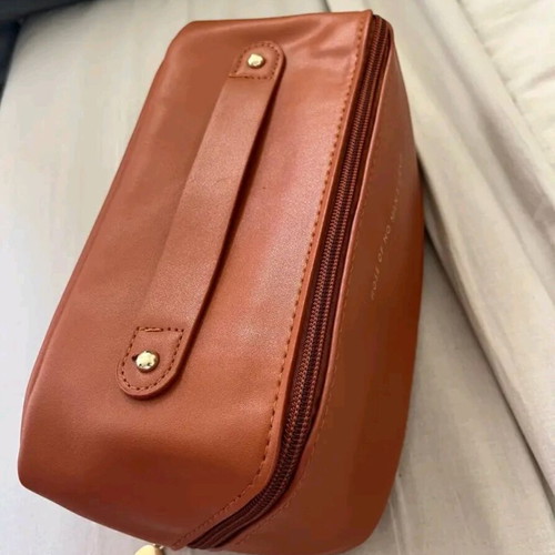 Toiletry bag with dividers for cosmetics tan color new