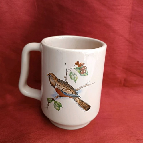 Vintage Bavaria porcelain mug used, 0.5 L, pink with bird design