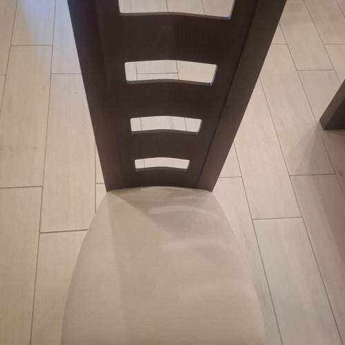 Set of 6 wooden dining chairs, dark wood with light fabric