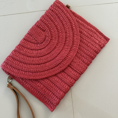 Straw clutch bag, dark red with strap