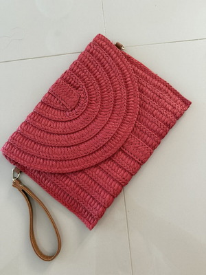 Straw clutch bag, dark red with strap