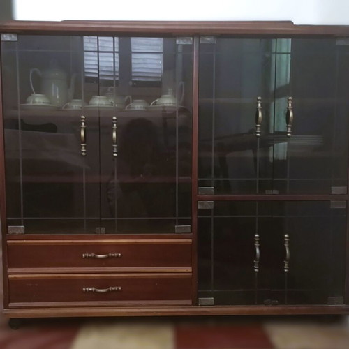 TV cabinet-vitrine 1970s used, solid wood with rotating base