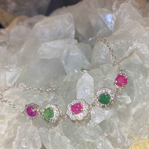 Handmade silver bracelet with natural emerald, ruby and moissanite