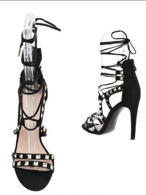 Black high-heeled sandals with studs like new, size 37