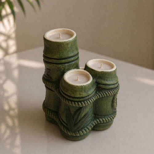 Ceramic candle holders like new, set of 2 with green bamboo design