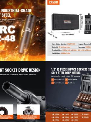 Καρυδάκια Vevor 1/2″ Μακριά 13τμχ Καινούργια (10-24mm)