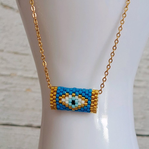 Handmade Miyuki evil eye necklace with gold-plated steel chain