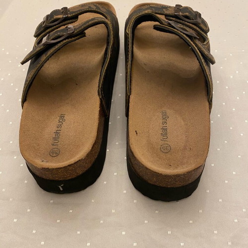 Fullah Sugah sandals with camouflage design and adjustable closure, new