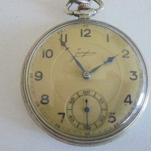 Junghans vintage pocket watch used, men's, beige and silver