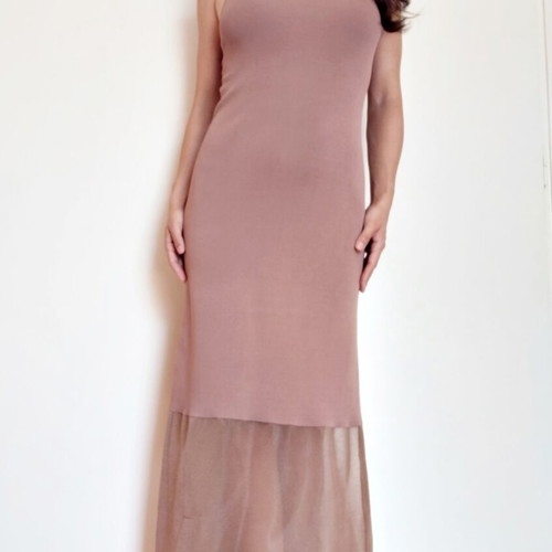 Zara maxi dress S, dusty mauve brown pink, knit with sheer hem