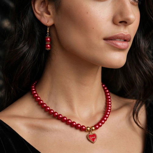 Red summer  necklace and earings set