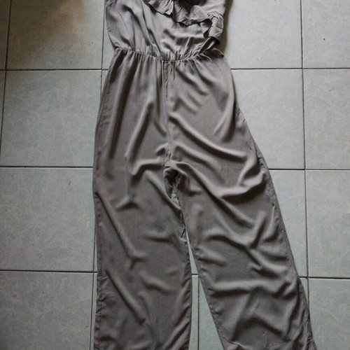 One-piece jumpsuit used, cotton fabric, gray and beige, size M