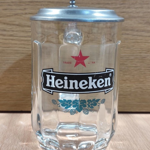 Heineken beer glass mug 500ml used with metal lid from Athenian Brewery