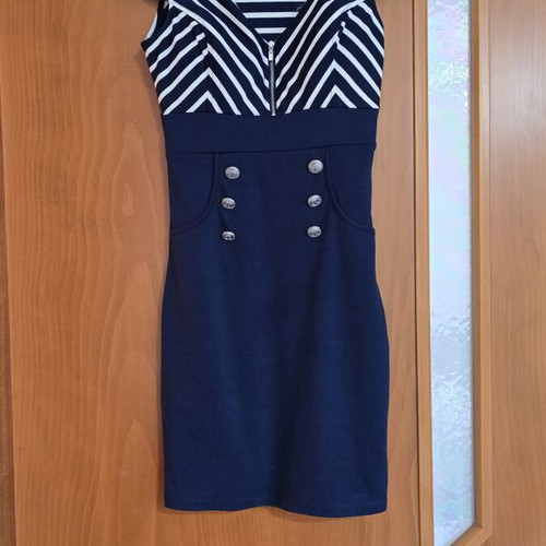 Fitted dress in navy blue with white stripes, used, size M