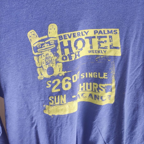 Zara Men Long Sleeve Shirt Blue Raf with Yellow Vintage Print Beverly Palms Hotel used