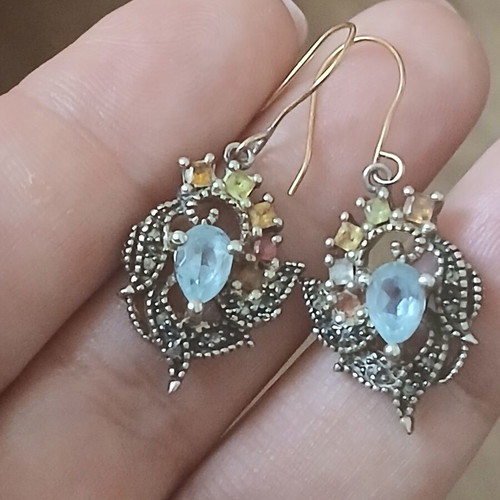 Earrings with semiprecious stones and vintage diamonds in 925 silver and 9k gold