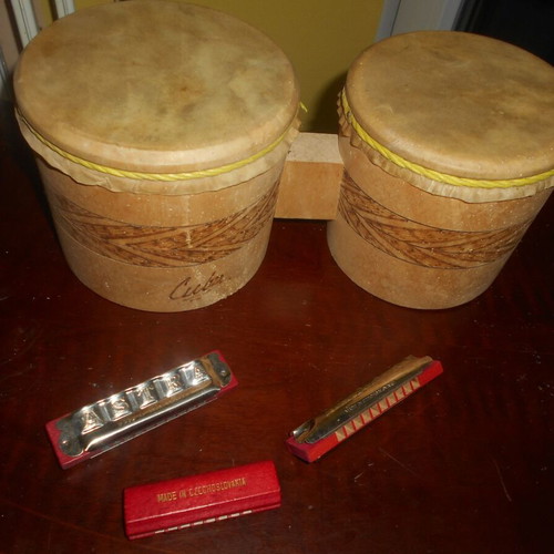 Wooden double tambourine used, diameters 16 and 13 cm with 3 unused Czechoslovak harmonicas from 1950s