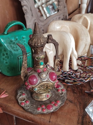 Brass oriental decorative ewer lamp used with saucer