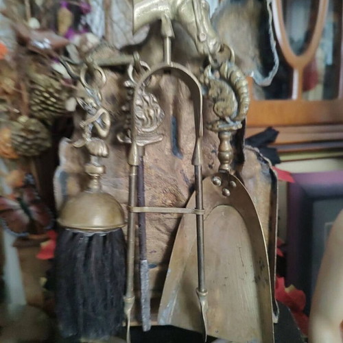 Antika fireplace tool set used, bronze with Napoleon Bonaparte figure