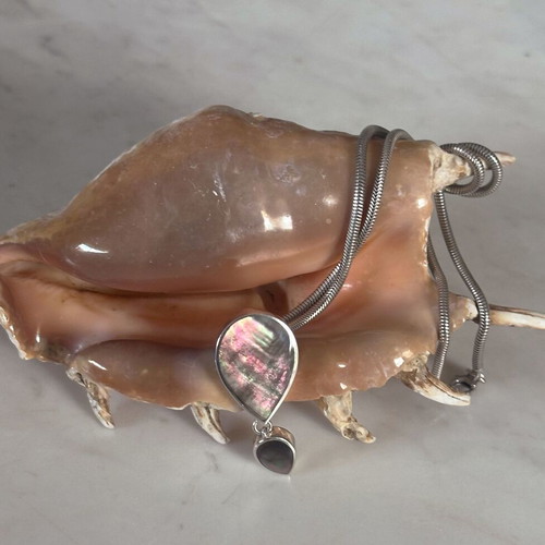 Vintage 925 Silver Pendant with Black Mother of Pearl Double Teardrop and Chain