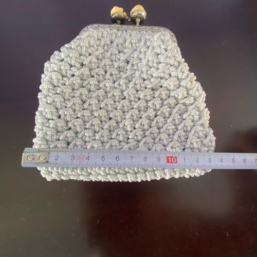 Handmade knitted wallet like new, medium size, silver with rose clip