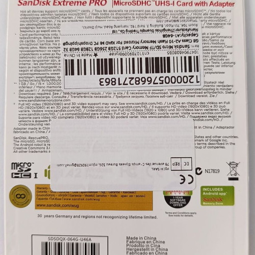 Sandisk Extreme Pro microSDXC 64GB U3 V30 A2 UHS-I 200MB/s new with adapter