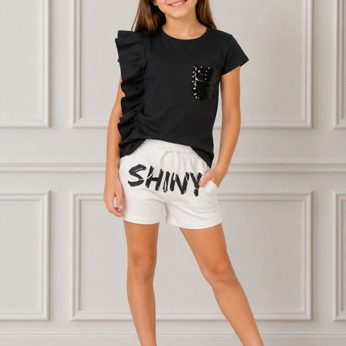 Energiers Girl's Summer Set No 10 Black Top with Sequins & White Shorts New