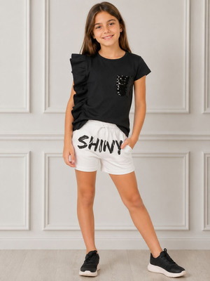 Energiers Girl's Summer Set No 10 Black Top with Sequins & White Shorts New