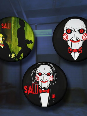 Billy the Puppet pins set of 3, new, inspired by Saw, 3.2 cm diameter