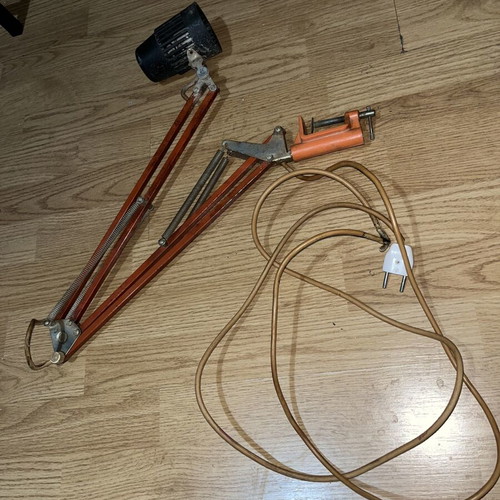Vintage orange desk lamp with clamp, used, 1950-70s