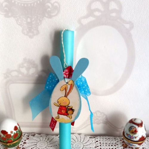 Easter candle with bunny new, blue with decoupage decoration