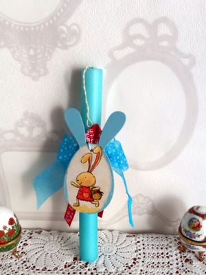 Easter candle with bunny new, blue with decoupage decoration