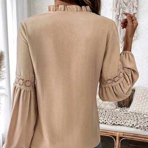 Women's beige blouse new with V-neck and gathered sleeves