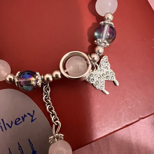 Pink Moonlight Glass Cat's Eye Beaded Bracelet with Butterfly Charm like new