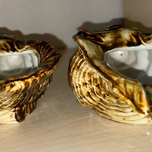 Japanese Ceramic Shells vintage pair with iridescent glaze