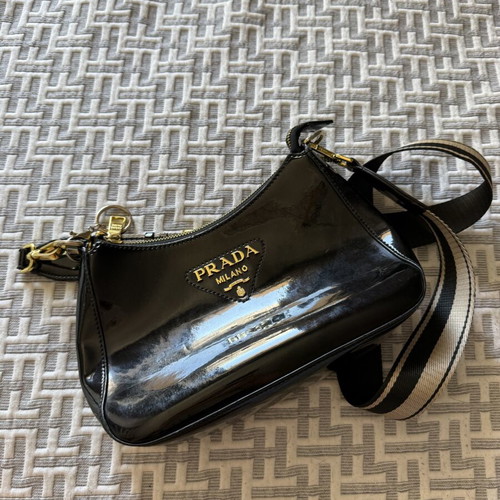 Prada bag used, black glossy texture