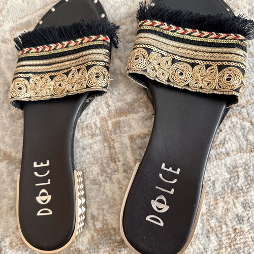 Dolce slippers new with ornate gold heel and unique details