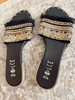 Dolce slippers new with ornate gold heel and unique details