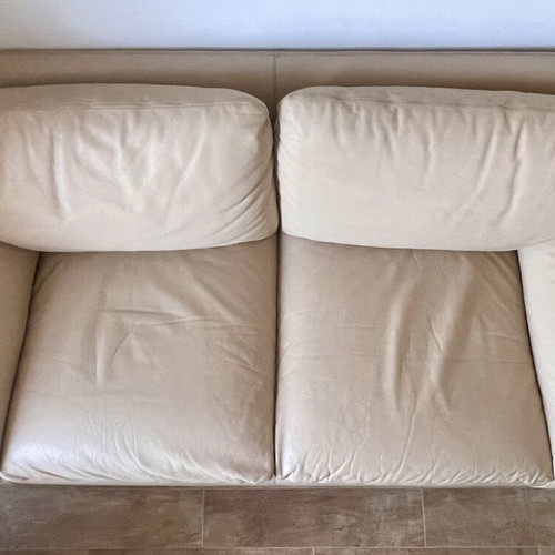 Two-seater leather sofa, beige, handmade, beech frame