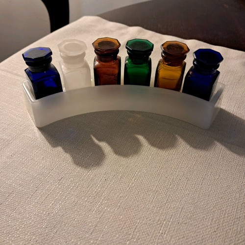 Glass jars with lid vintage dental set on base with beautiful colors like new