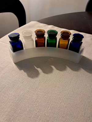 Glass jars with lid vintage dental set on base with beautiful colors like new