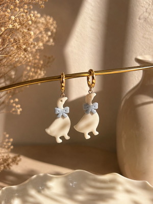 Duck Earrings handmade with blue bow, polymer clay, new